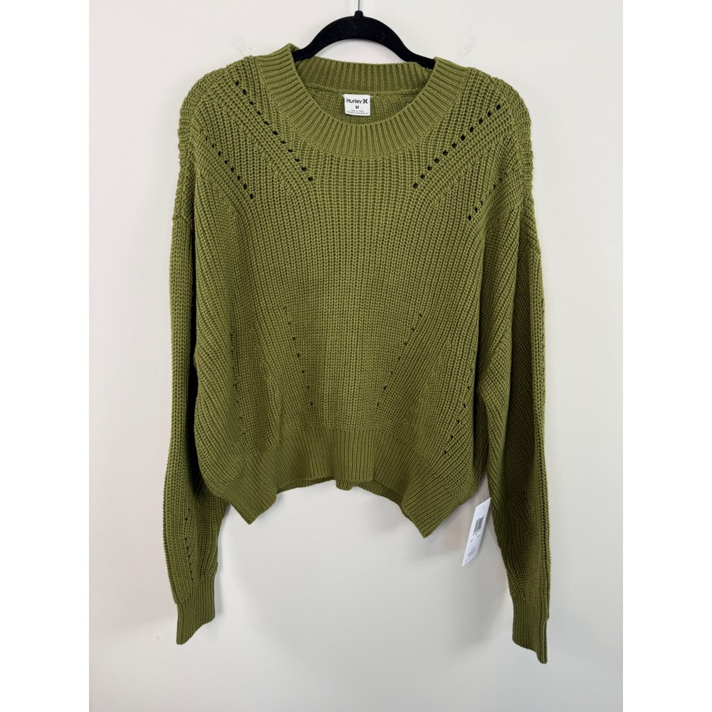 Hurley Sweater NWTs $60 Olive Green M "My Crush" Pointelle Knit Boho Pullover